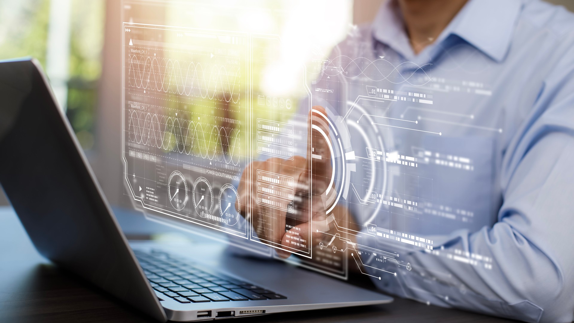 Businessman hold laptop with Update Software Computer Program Upgrade Business Technology Internet, Update on virtual screen. Internet and technology concept, loading bar with installing the update.